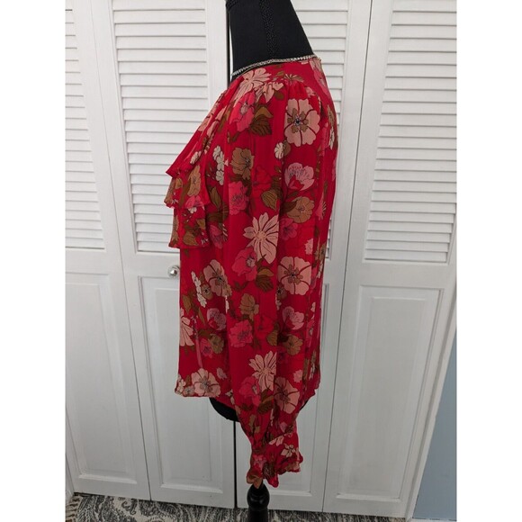 Zara Blouse Womens sz M Red Floral Print Ruffle Sheer Romantic Boho Chic Peasant - Picture 7 of 15